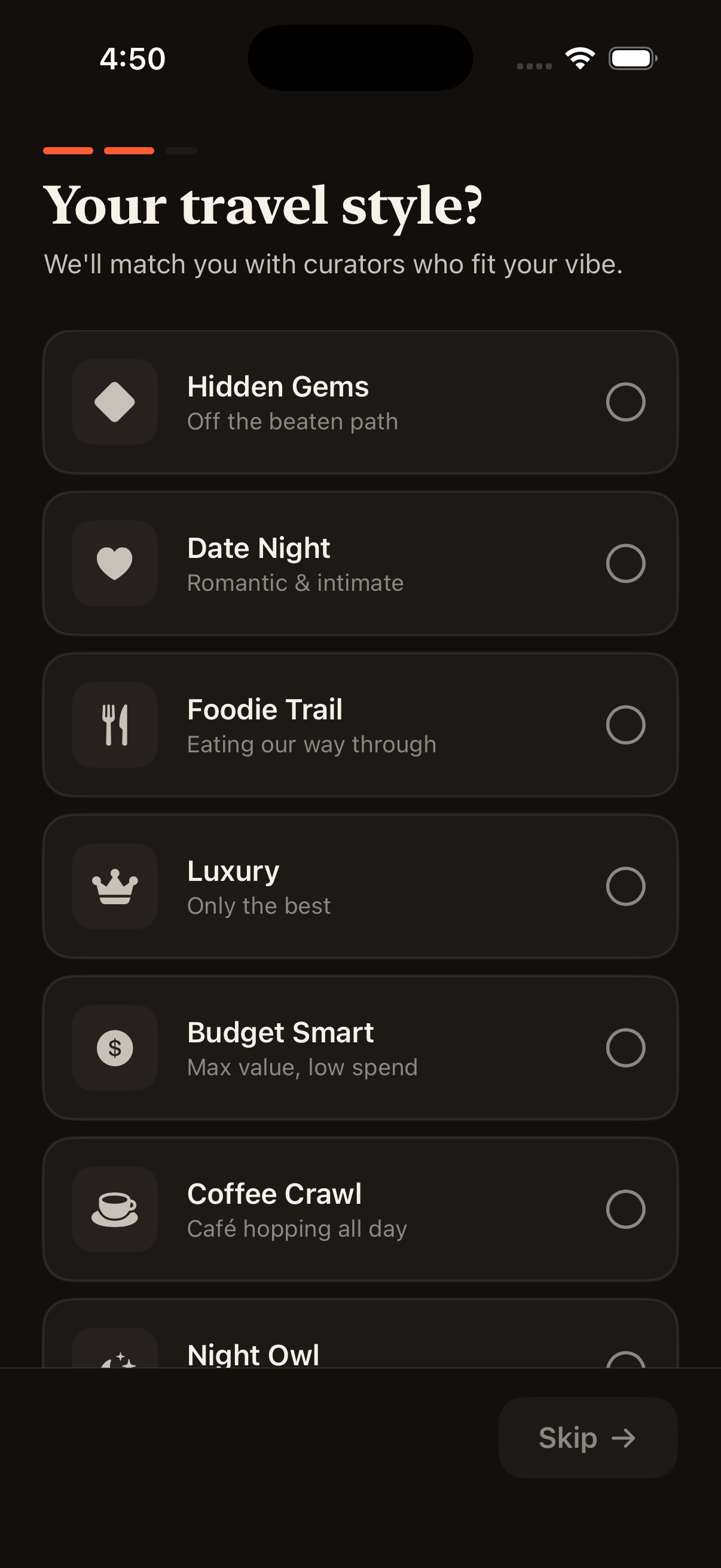 Cravelist travel style matching screen