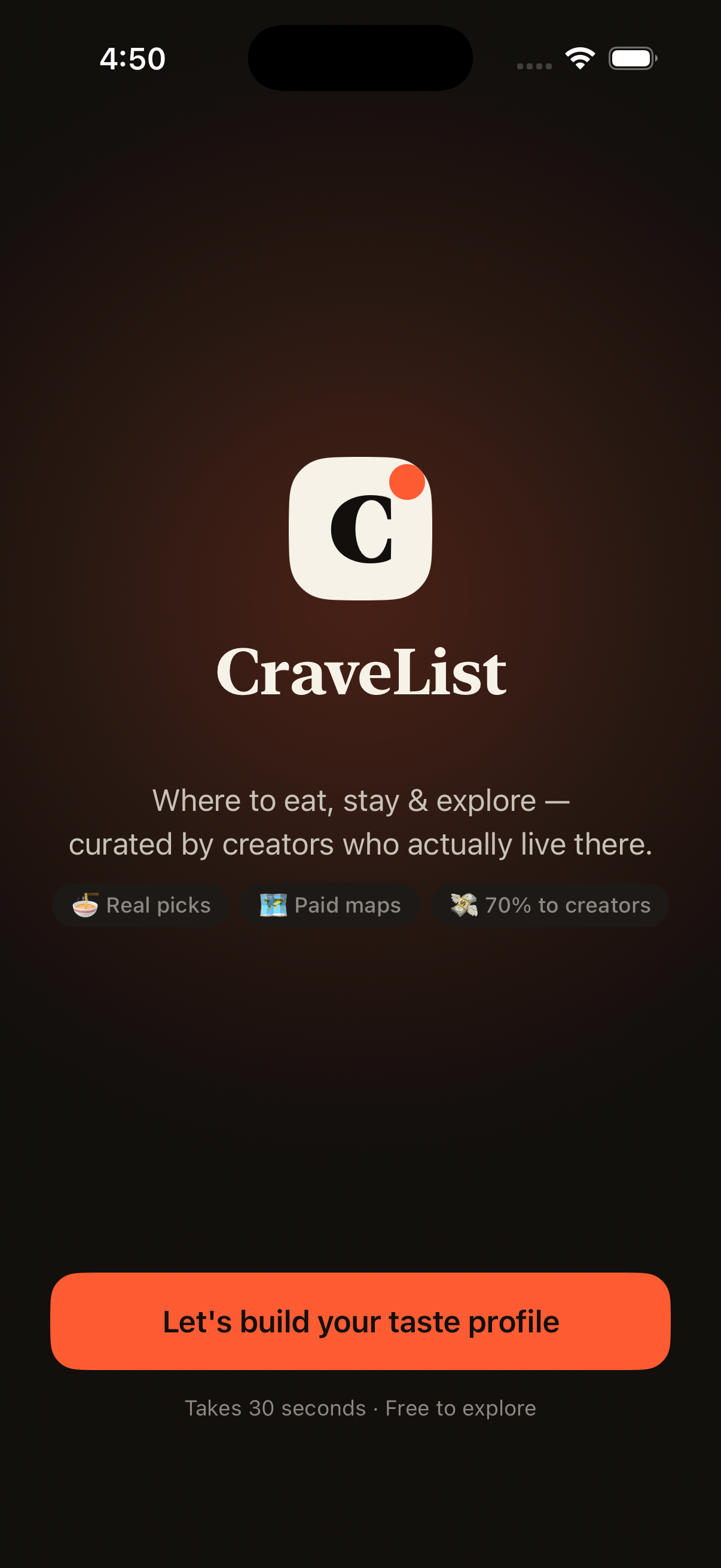 Cravelist creator-led food and travel discovery welcome screen