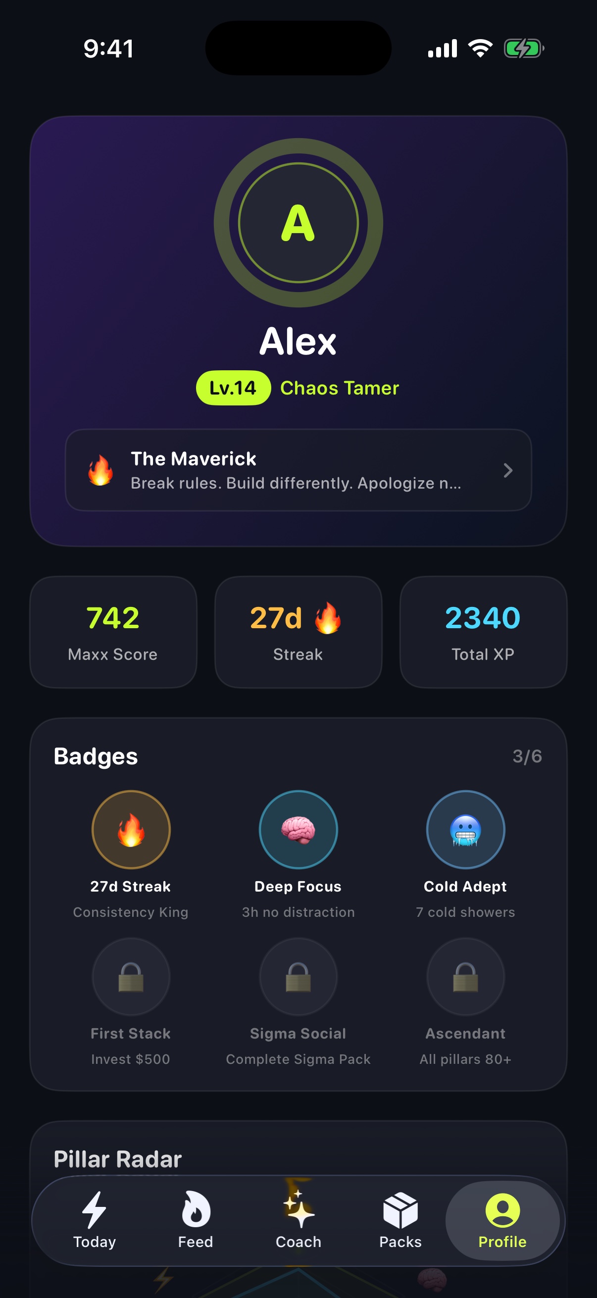 LifeMaxx identity profile with level, Maxx Score, streak, badges, and life statistics